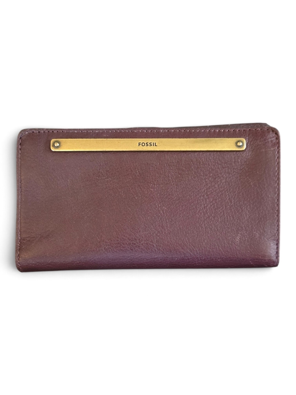 Fossil Leather Wallet in Deep Plum with Gold Accent